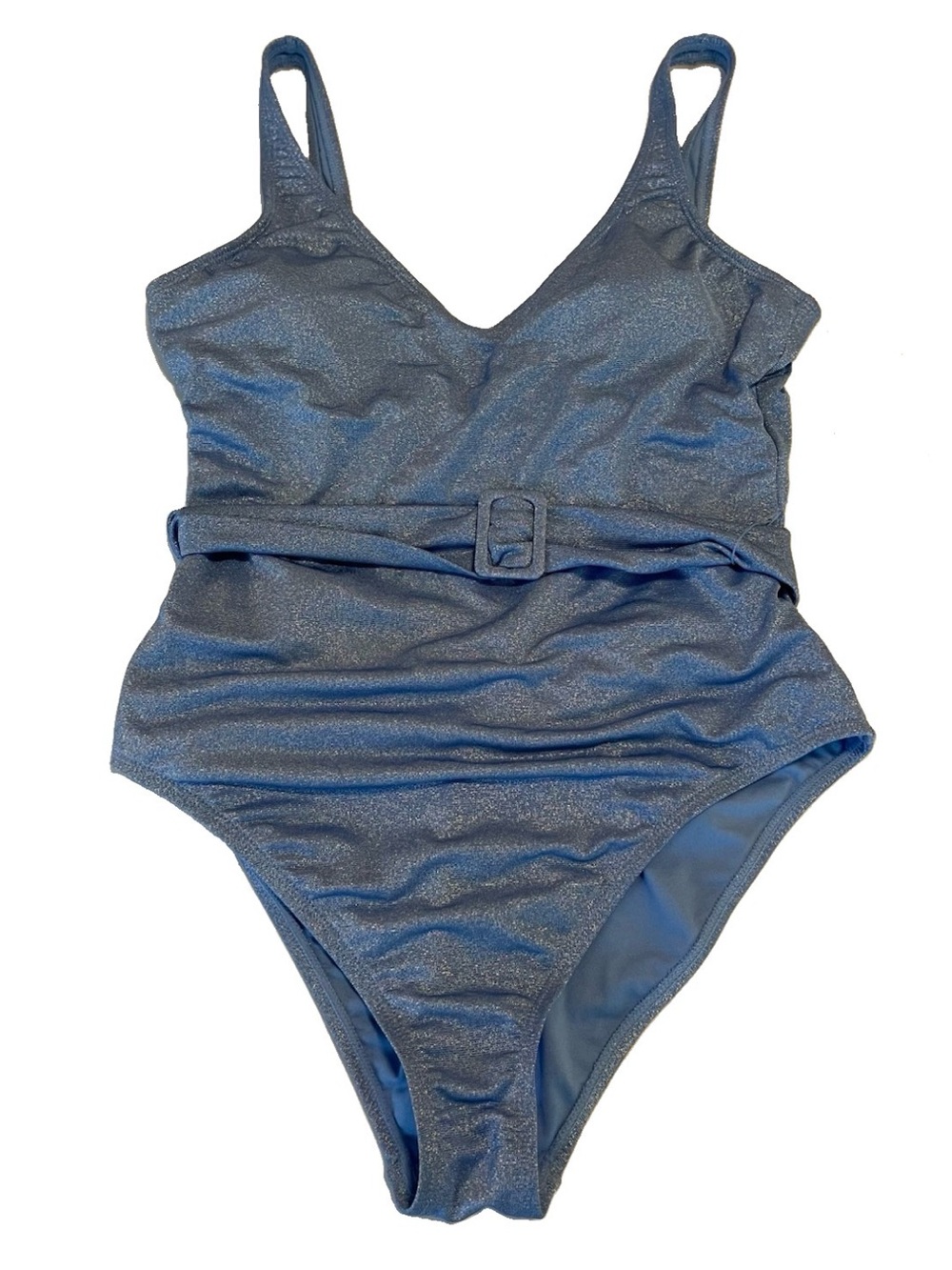 Jessica Simpson Bathing Suit One Piece Large Belted V-Neck Blue Retro Padding